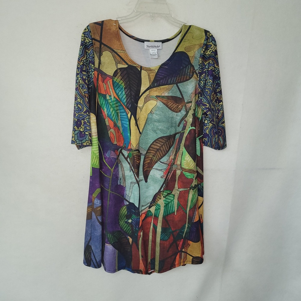 NorthStyle Artful Abstract Leaf Print 3/4‎ Sleeve Tunic Dress Made in USA Medium